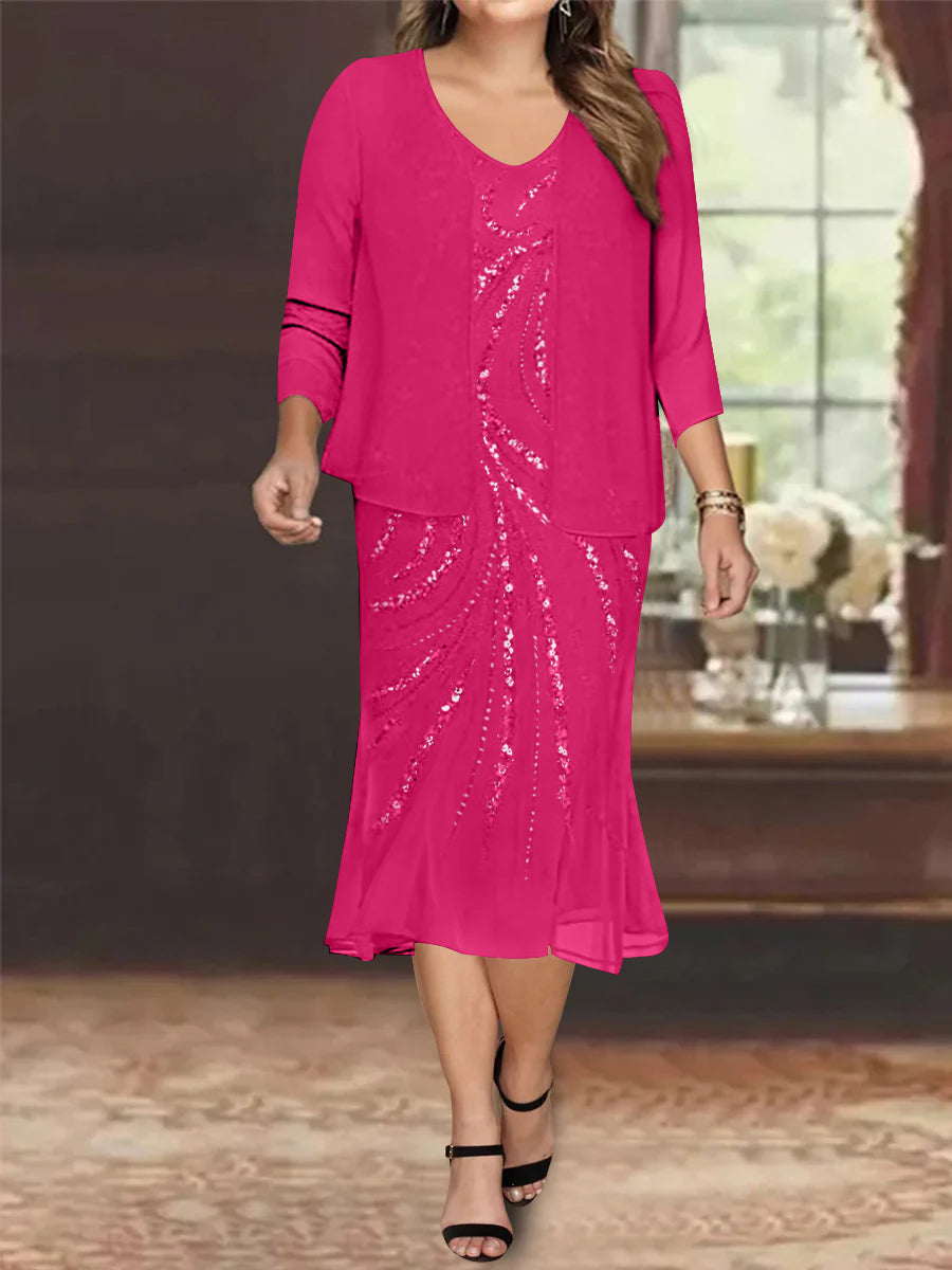 Plus Size V-Neck Chiffon Mother of the Bride Dress Set with Jacket and Sequins Knee-Length-27prom