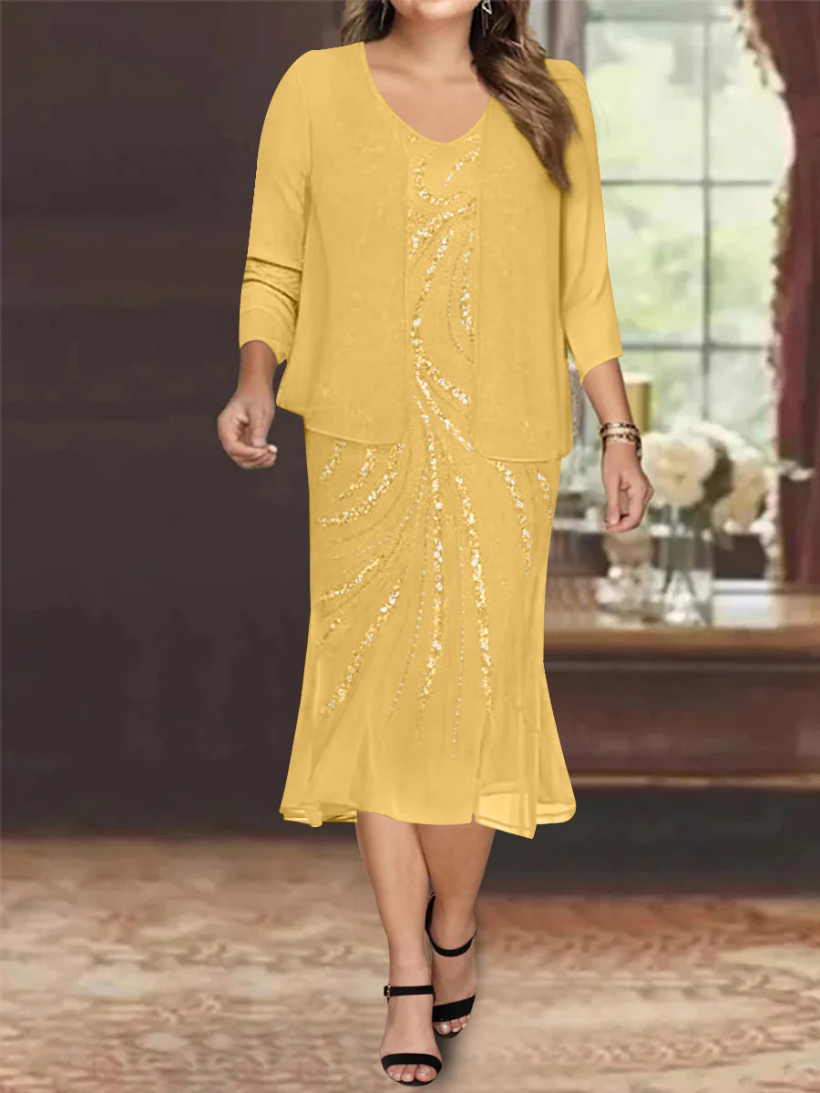 Plus Size V-Neck Chiffon Mother of the Bride Dress Set with Jacket and Sequins Knee-Length-27prom