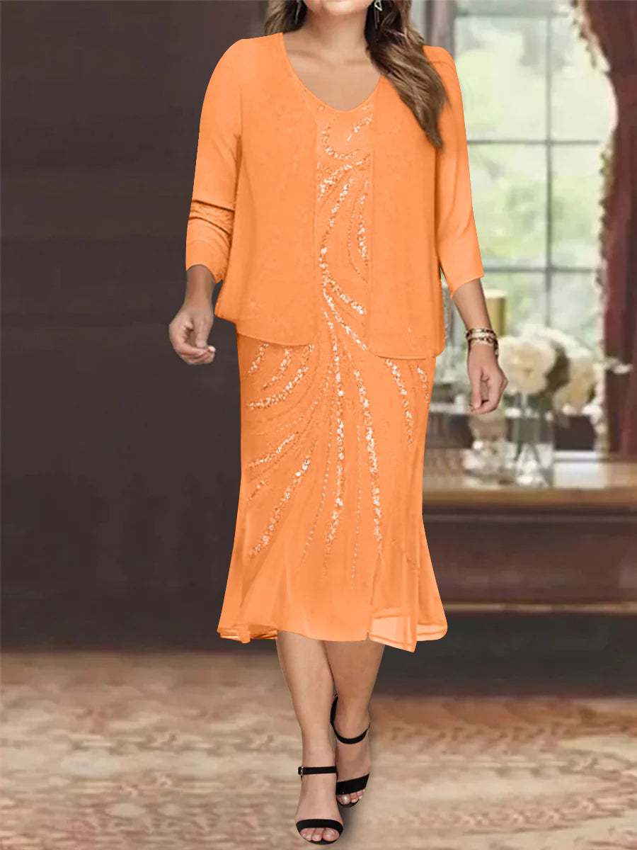 Plus Size V-Neck Chiffon Mother of the Bride Dress Set with Jacket and Sequins Knee-Length-27prom