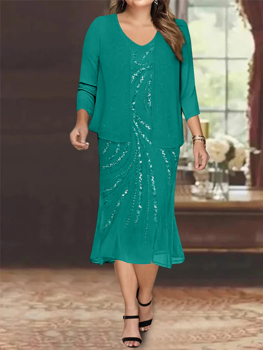 Plus Size V-Neck Chiffon Mother of the Bride Dress Set with Jacket and Sequins Knee-Length-27prom