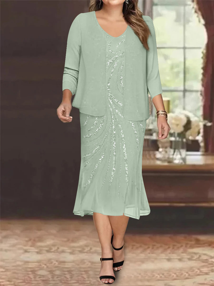 Plus Size V-Neck Chiffon Mother of the Bride Dress Set with Jacket and Sequins Knee-Length-27prom