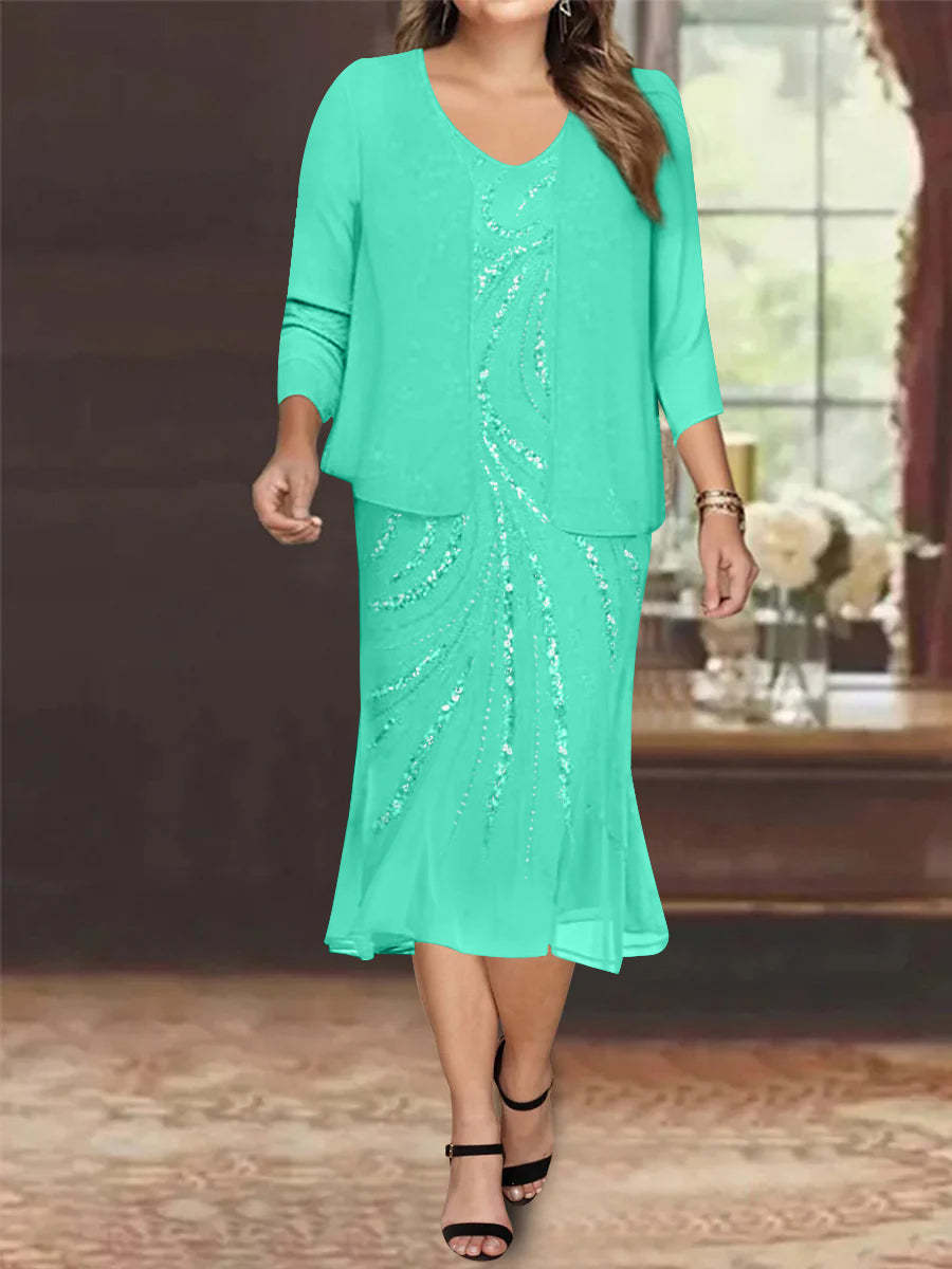 Plus Size V-Neck Chiffon Mother of the Bride Dress Set with Jacket and Sequins Knee-Length-27prom