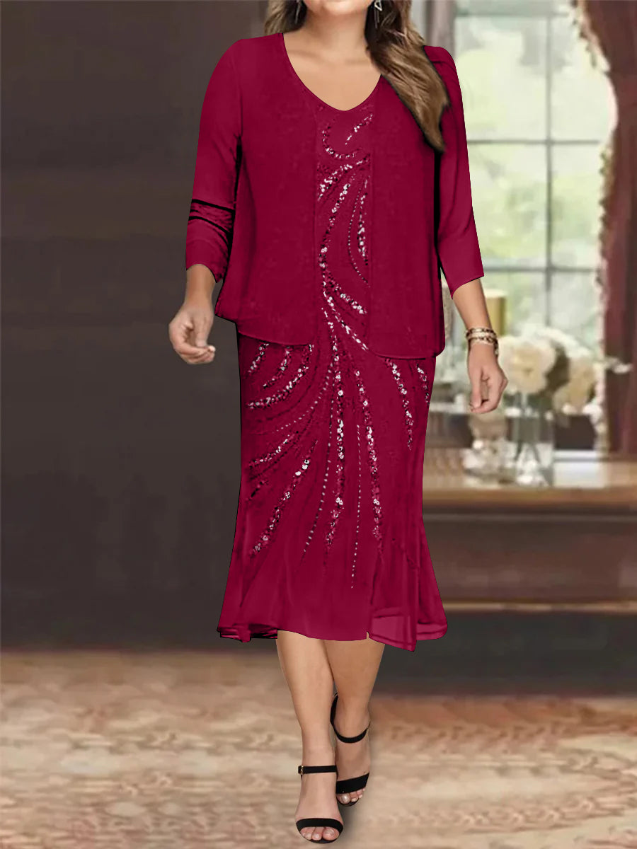 Plus Size V-Neck Chiffon Mother of the Bride Dress Set with Jacket and Sequins Knee-Length-27prom