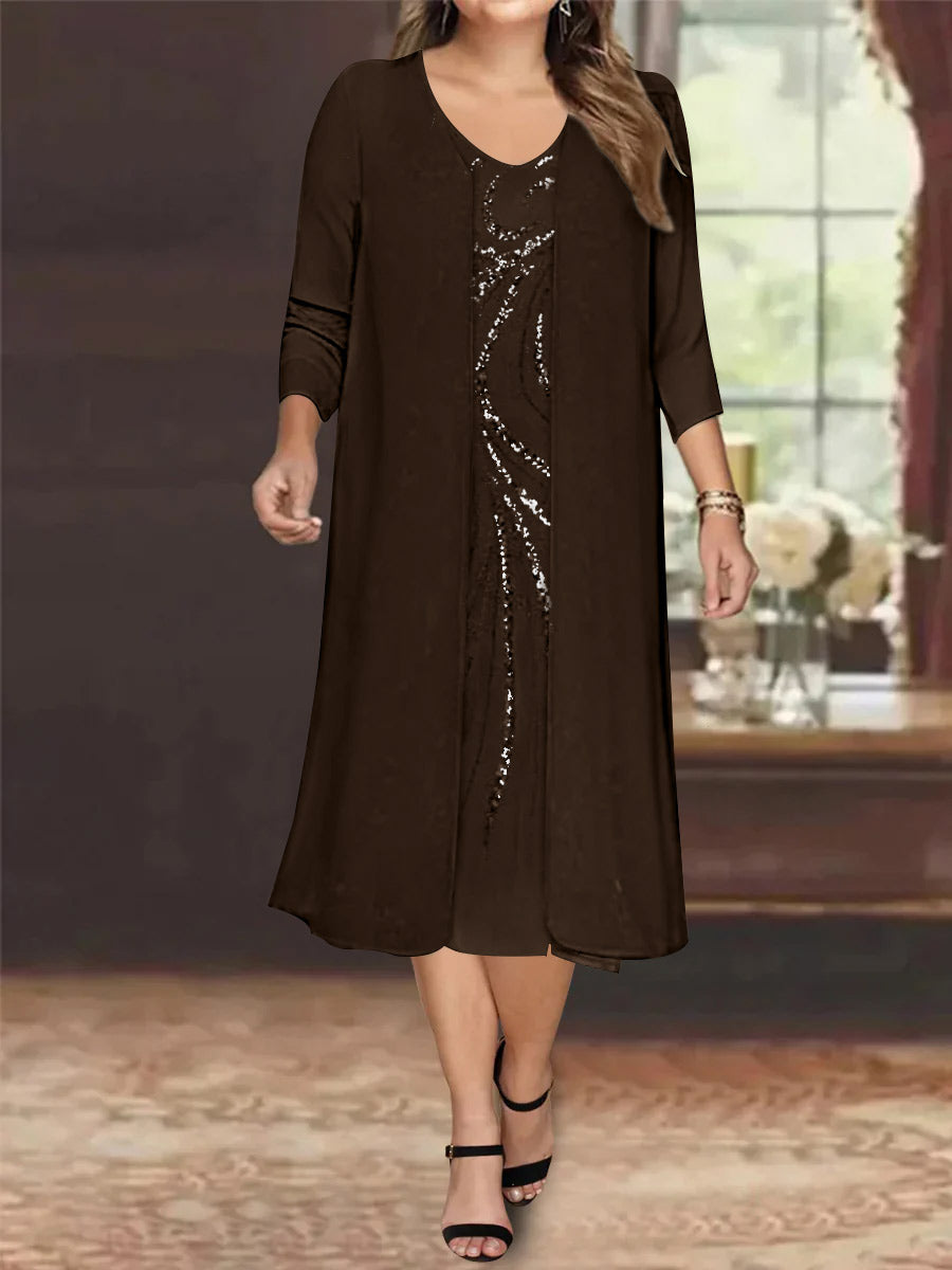 V-Neck Long-Sleeve Tea-Length Plus Size Mother of the Bride Dress with Jacket and Sequins-27prom