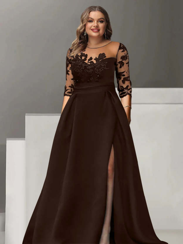 Sweetheart A-Line Princess Floor-Length Plus Size Mother of the Bride Dress with 3/4 Sleeves Lace & Side Split-27prom
