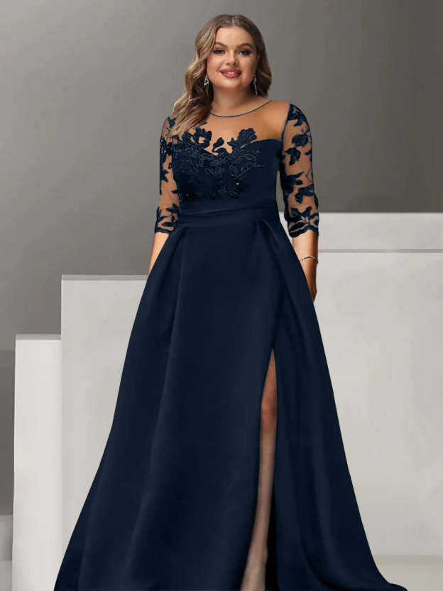 Sweetheart A-Line Princess Floor-Length Plus Size Mother of the Bride Dress with 3/4 Sleeves Lace & Side Split-27prom
