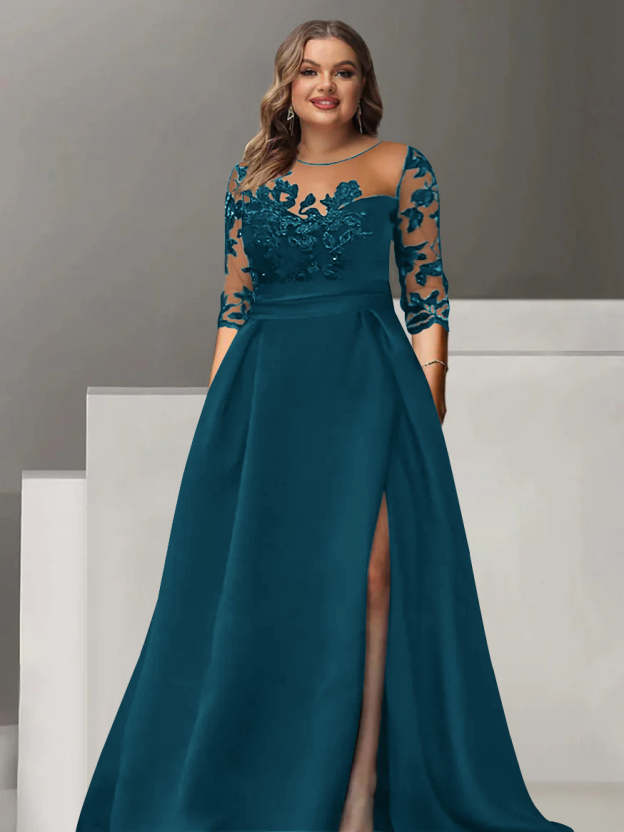 Sweetheart A-Line Princess Floor-Length Plus Size Mother of the Bride Dress with 3/4 Sleeves Lace & Side Split-27prom