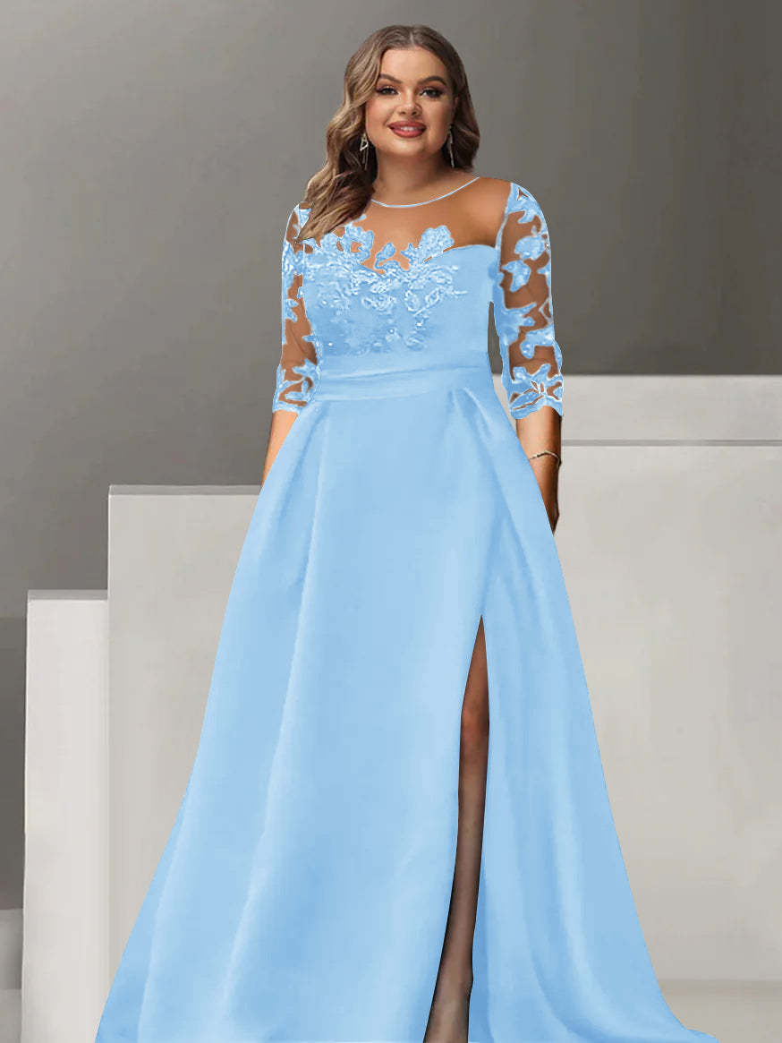 Sweetheart A-Line Princess Floor-Length Plus Size Mother of the Bride Dress with 3/4 Sleeves Lace & Side Split-27prom
