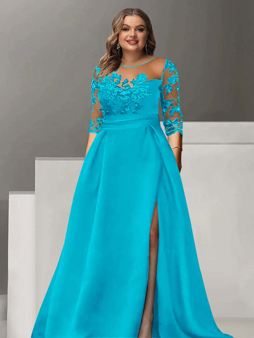 Sweetheart A-Line Princess Floor-Length Plus Size Mother of the Bride Dress with 3/4 Sleeves Lace & Side Split-27prom