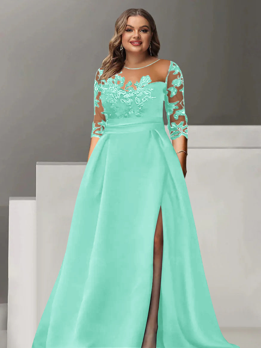 Sweetheart A-Line Princess Floor-Length Plus Size Mother of the Bride Dress with 3/4 Sleeves Lace & Side Split-27prom