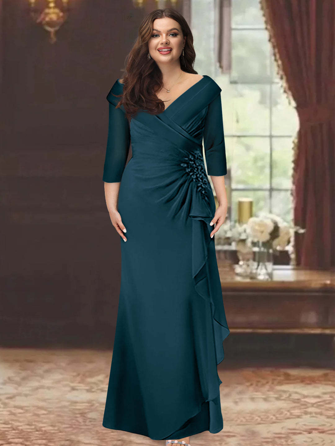Plus Size Floor-Length V-Neck Sheath Mother of the Bride Dress with Ruffles and Appliques-27prom