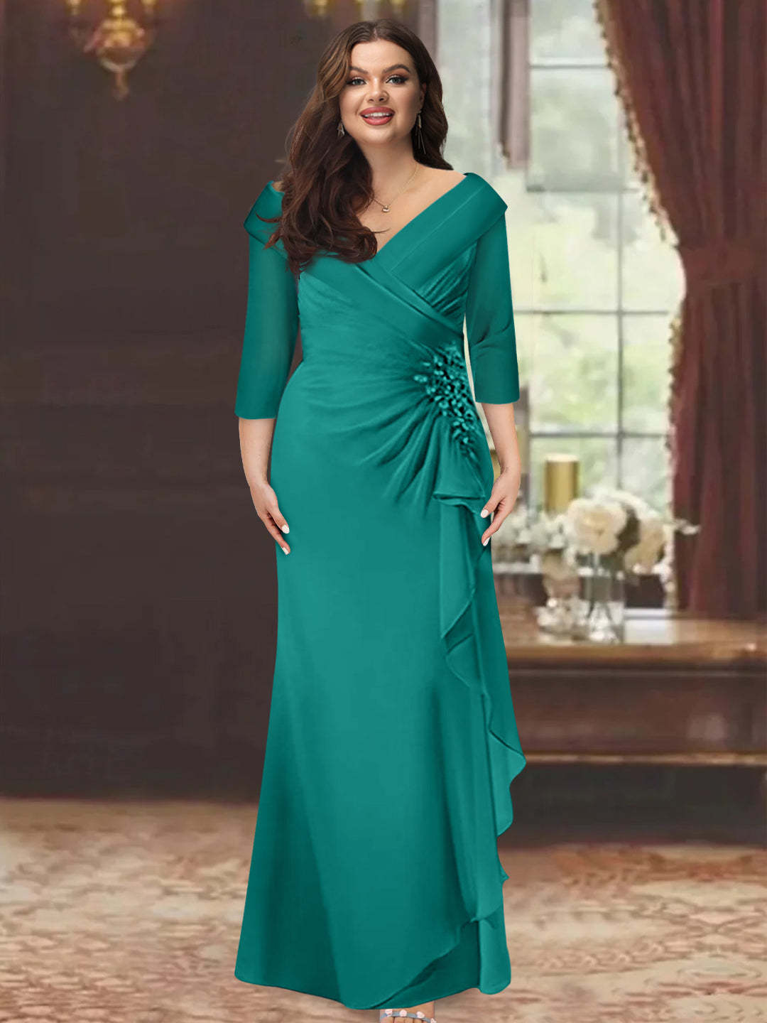 Plus Size Floor-Length V-Neck Sheath Mother of the Bride Dress with Ruffles and Appliques-27prom