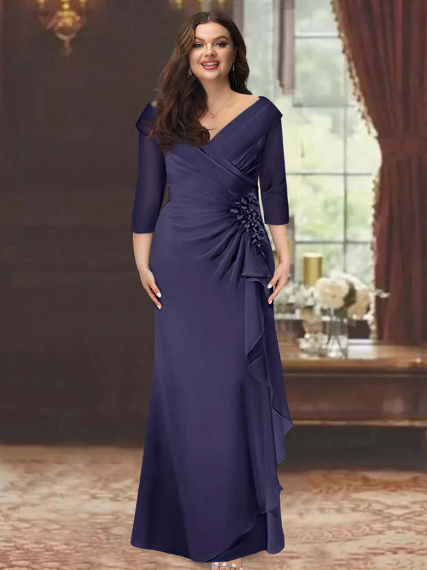 Plus Size Floor-Length V-Neck Sheath Mother of the Bride Dress with Ruffles and Appliques-27prom