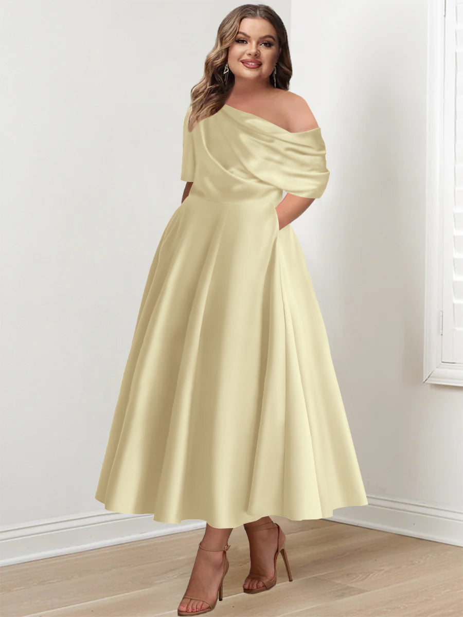 Plus Size A-Line Princess Ankle-Length One-Shoulder Mother of the Bride Dress with Ruffles and Half Sleeves-27prom