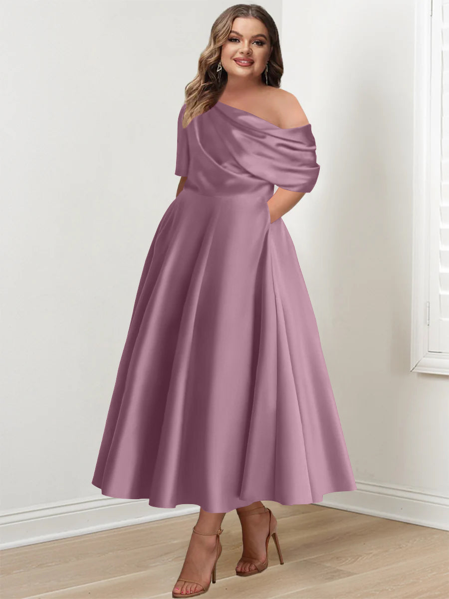 Plus Size A-Line Princess Ankle-Length One-Shoulder Mother of the Bride Dress with Ruffles and Half Sleeves-27prom