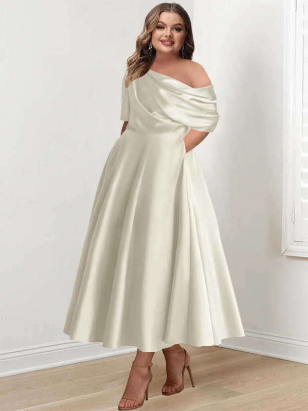 Plus Size A-Line Princess Ankle-Length One-Shoulder Mother of the Bride Dress with Ruffles and Half Sleeves-27prom