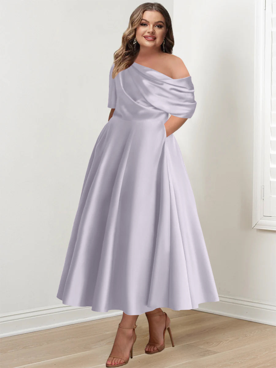 Plus Size A-Line Princess Ankle-Length One-Shoulder Mother of the Bride Dress with Ruffles and Half Sleeves-27prom