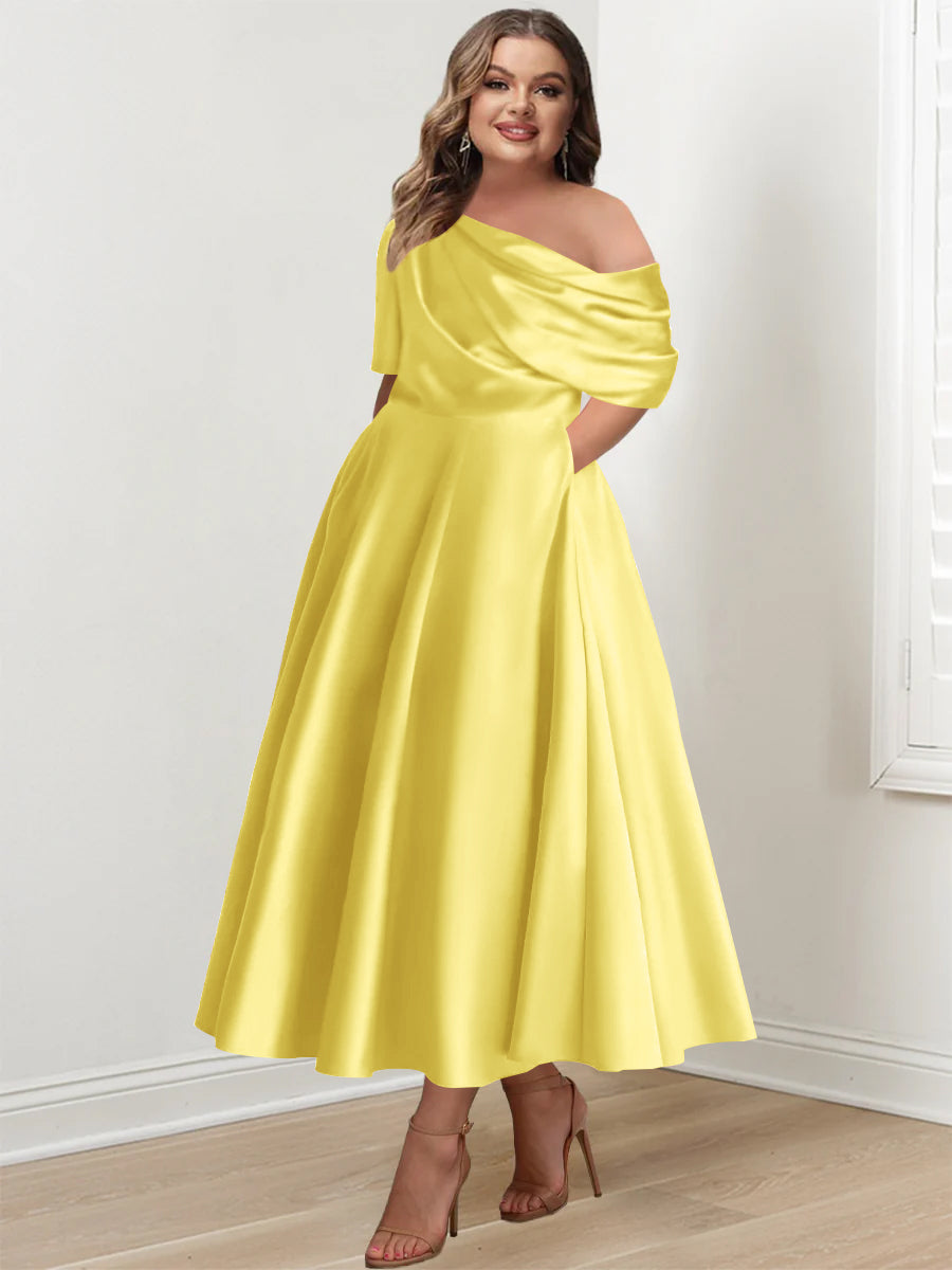 Plus Size A-Line Princess Ankle-Length One-Shoulder Mother of the Bride Dress with Ruffles and Half Sleeves-27prom