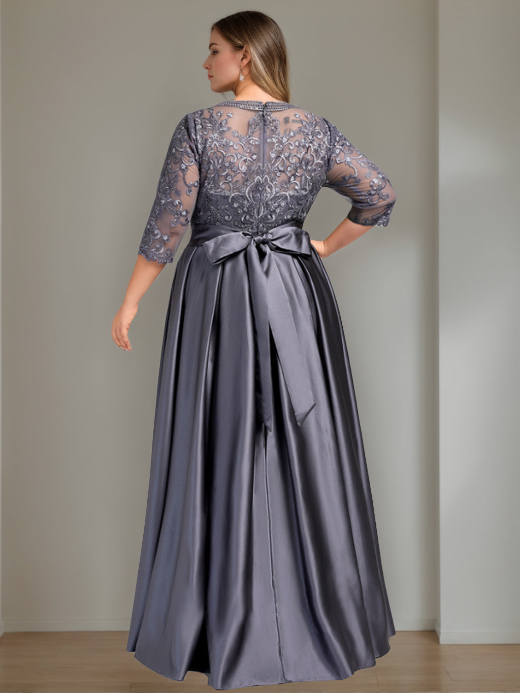 Plus Size Floor-Length Mother of the Bride A-Line Dress with 3/4 Sleeves Scoop Neck Bow & Sequins-27prom
