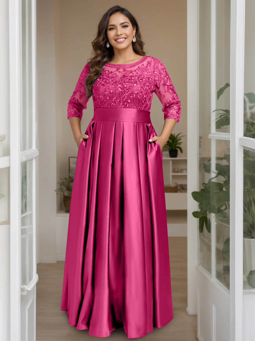 Plus Size Floor-Length Mother of the Bride A-Line Dress with 3/4 Sleeves Scoop Neck Bow & Sequins-27prom