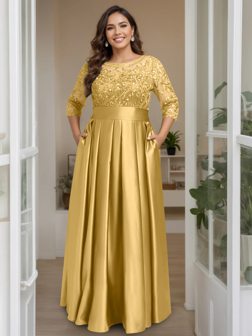 Plus Size Floor-Length Mother of the Bride A-Line Dress with 3/4 Sleeves Scoop Neck Bow & Sequins-27prom