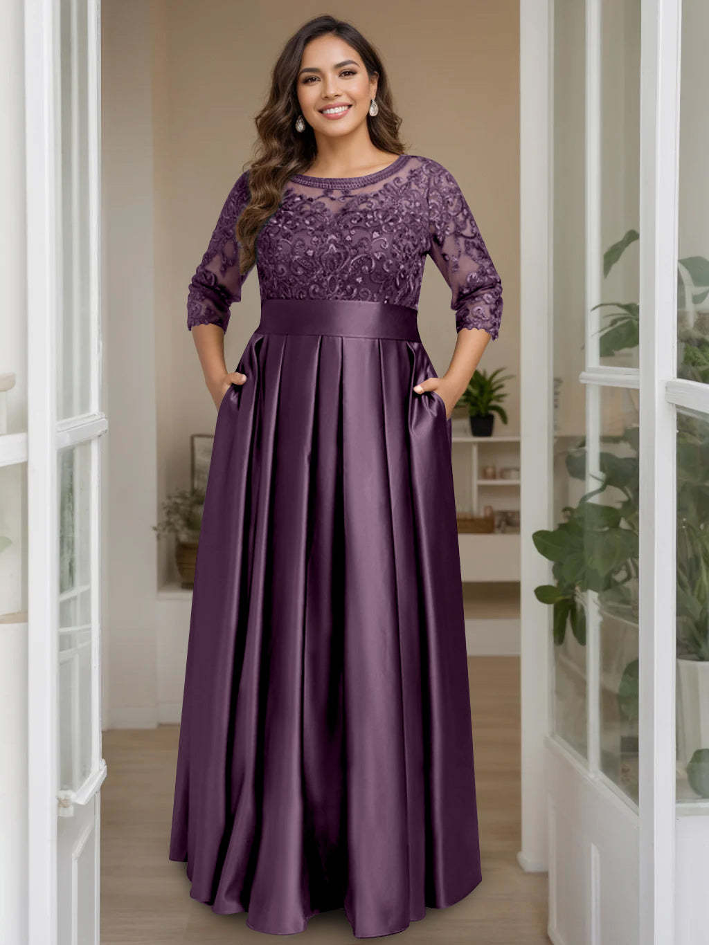 Plus Size Floor-Length Mother of the Bride A-Line Dress with 3/4 Sleeves Scoop Neck Bow & Sequins-27prom