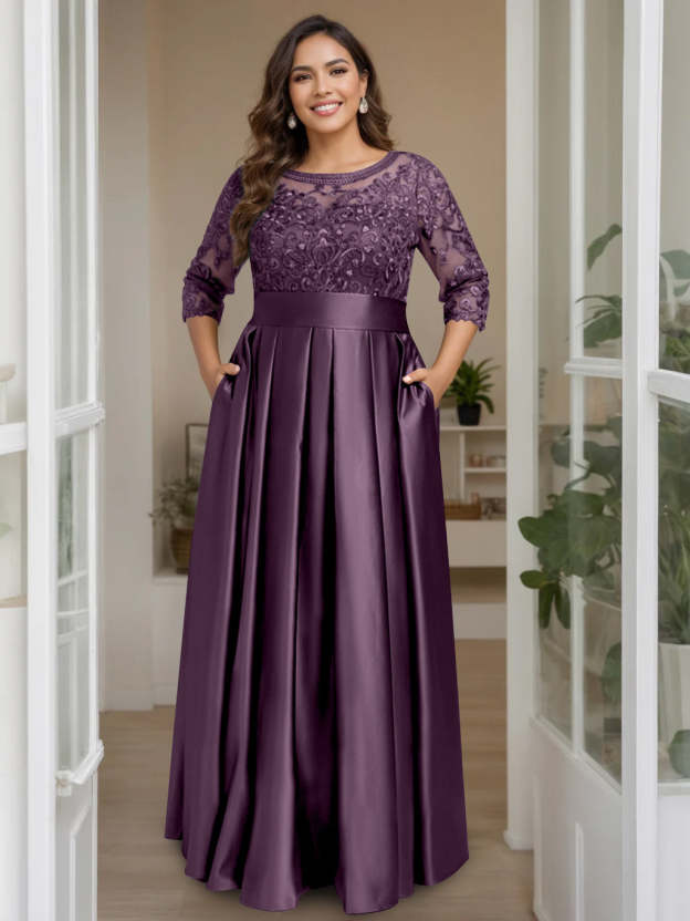 Plus Size Floor-Length Mother of the Bride A-Line Dress with 3/4 Sleeves Scoop Neck Bow & Sequins-27prom