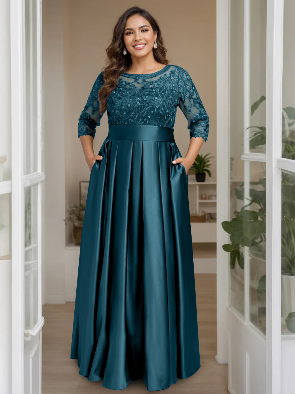 Plus Size Floor-Length Mother of the Bride A-Line Dress with 3/4 Sleeves Scoop Neck Bow & Sequins-27prom