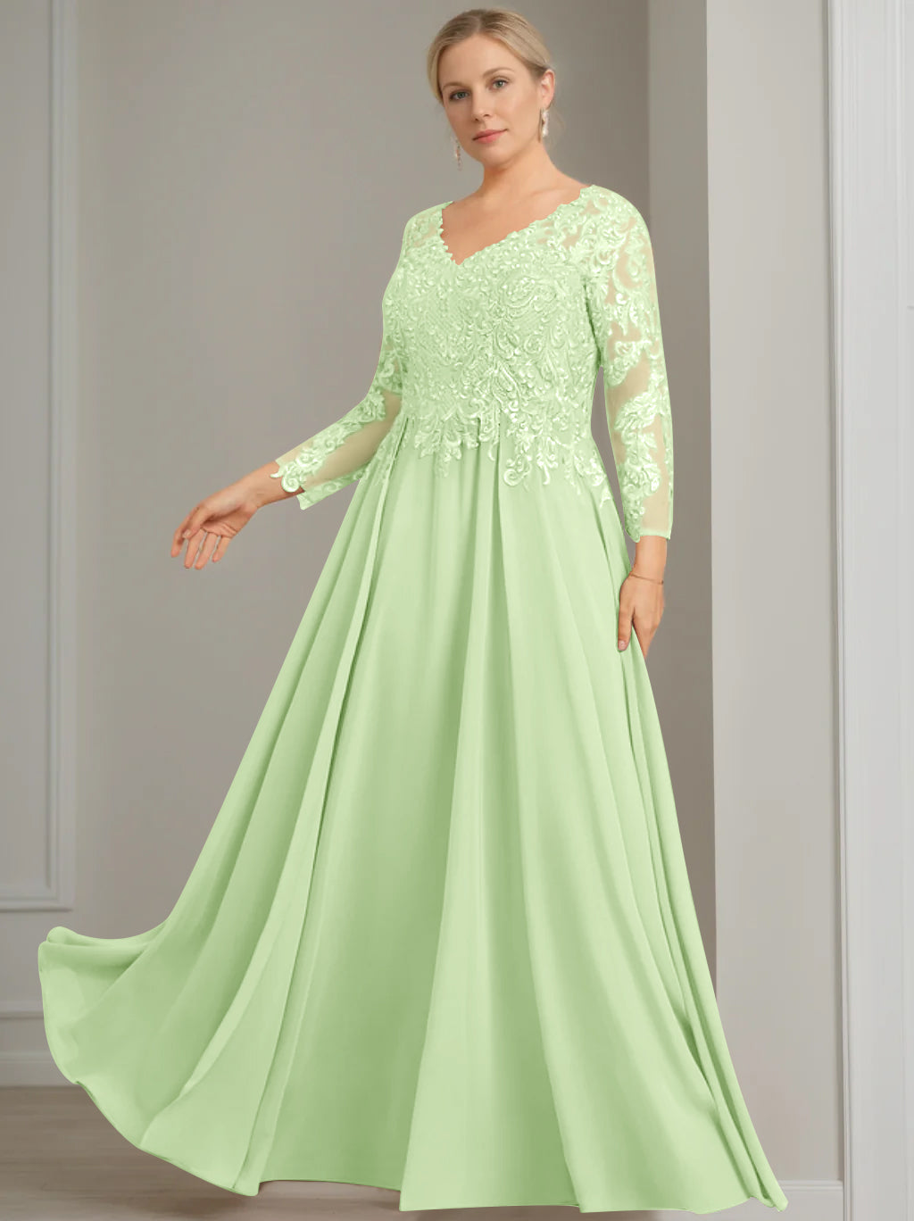 V-Neck A-Line Princess Gown with 3/4 Sleeves and Sequins for Plus-Size Mother of the Bride-27prom
