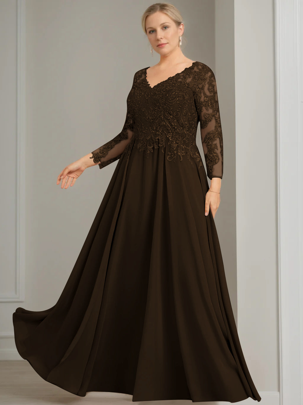 V-Neck A-Line Princess Gown with 3/4 Sleeves and Sequins for Plus-Size Mother of the Bride-27prom