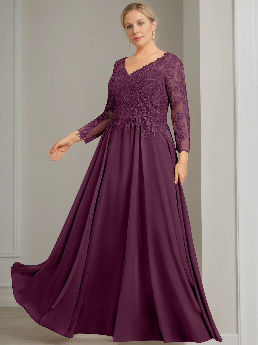 V-Neck A-Line Princess Gown with 3/4 Sleeves and Sequins for Plus-Size Mother of the Bride-27prom