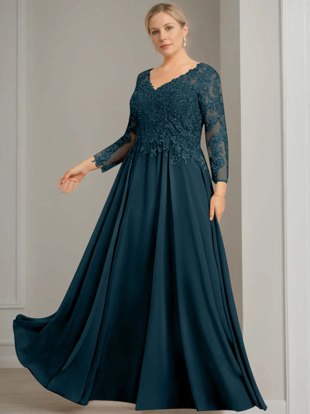 V-Neck A-Line Princess Gown with 3/4 Sleeves and Sequins for Plus-Size Mother of the Bride-27prom