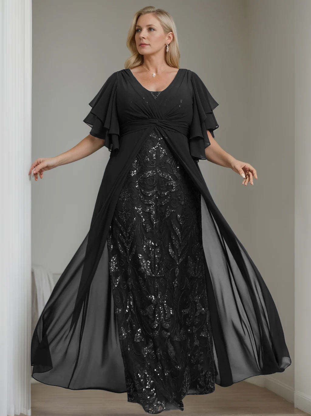 Plus Size Floor-Length Mother of the Bride A-Line Dress with V-Neck and Half Sleeves-27prom