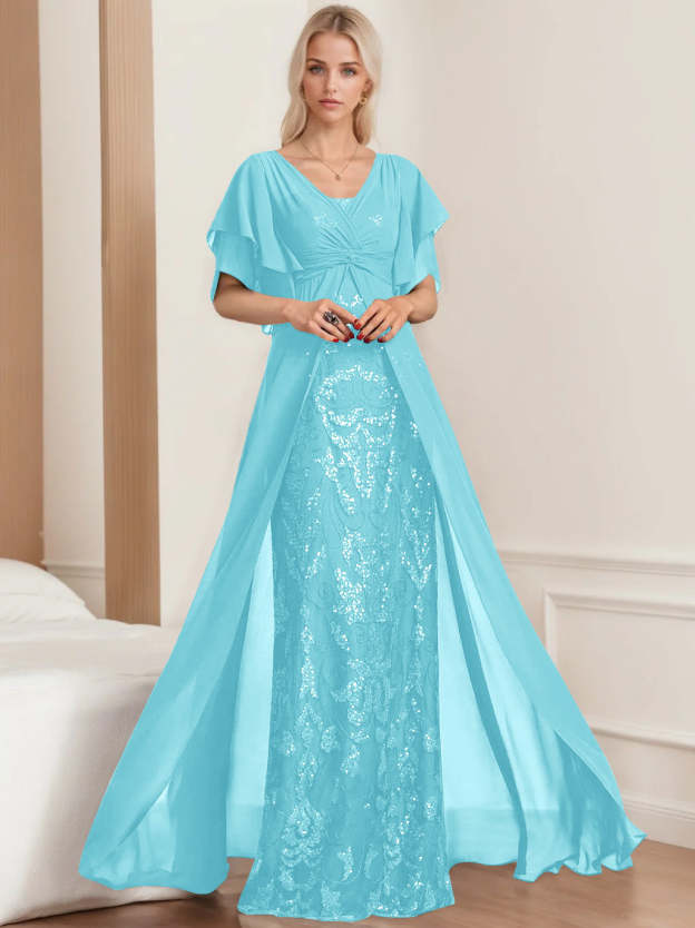 Plus Size Mother of the Bride A-Line Floor-Length Dress with V-Neck and Half Sleeves