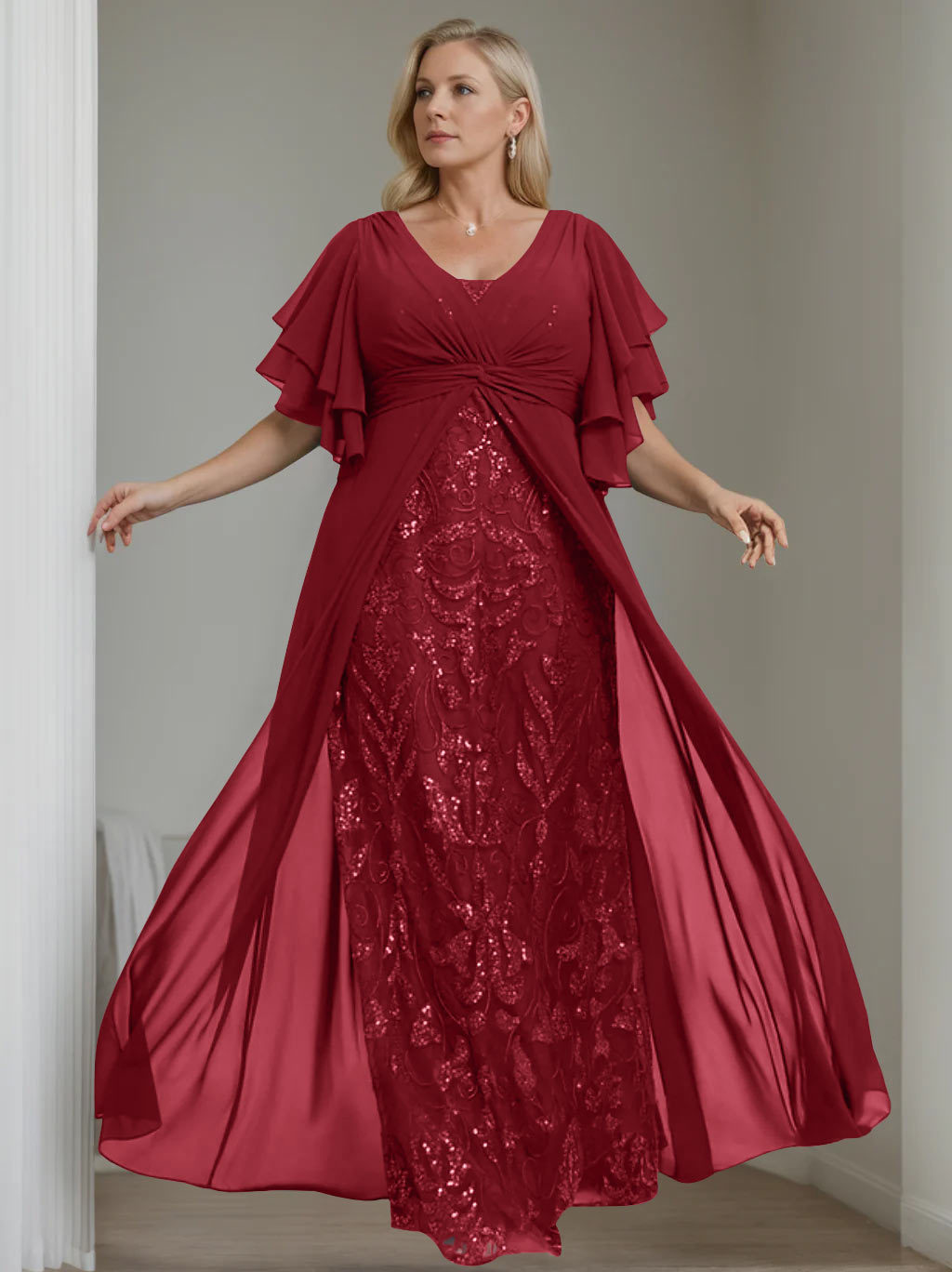 Plus Size Floor-Length Mother of the Bride A-Line Dress with V-Neck and Half Sleeves-27prom