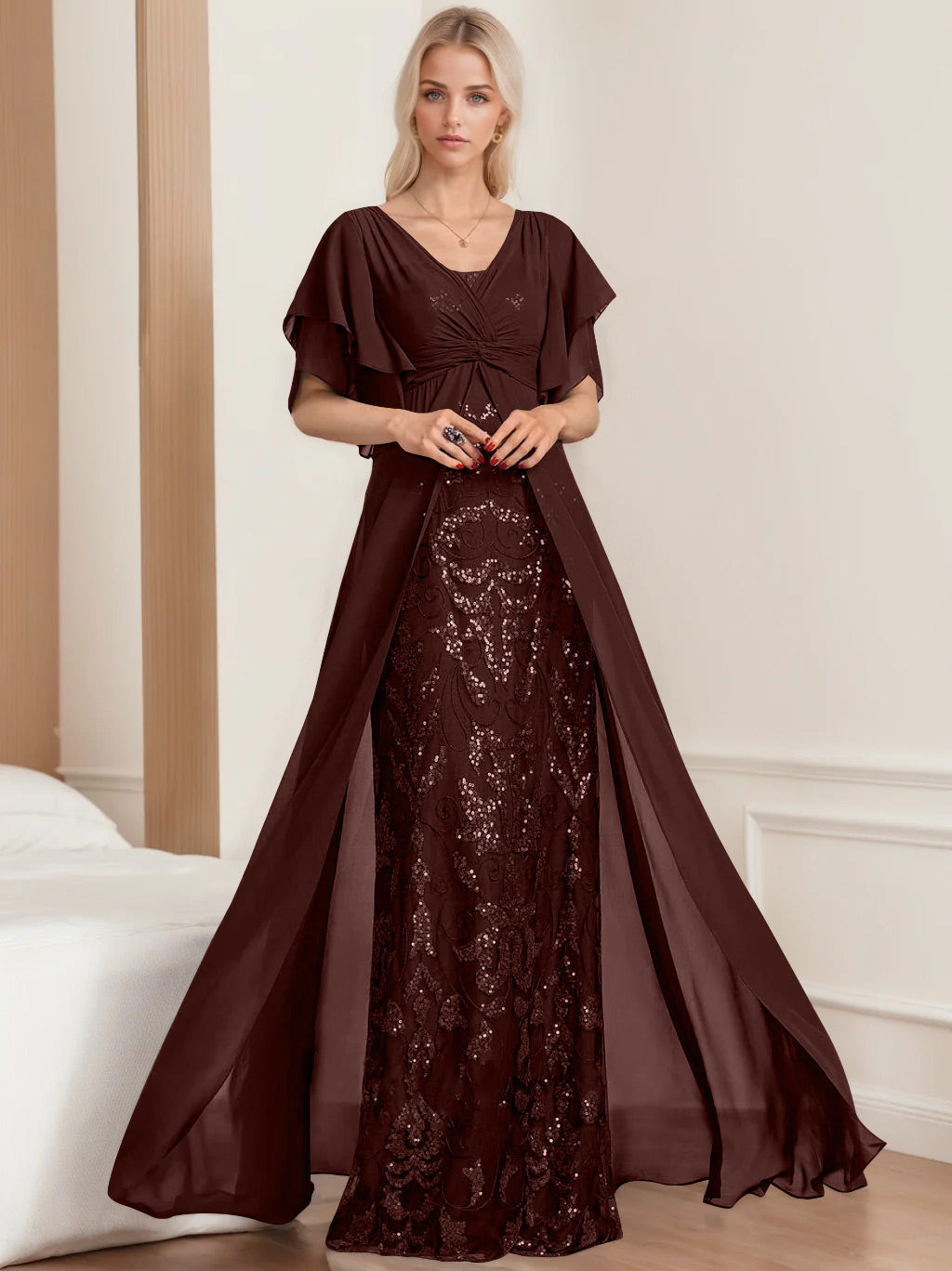 Plus Size Mother of the Bride A-Line Floor-Length Dress with V-Neck and Half Sleeves