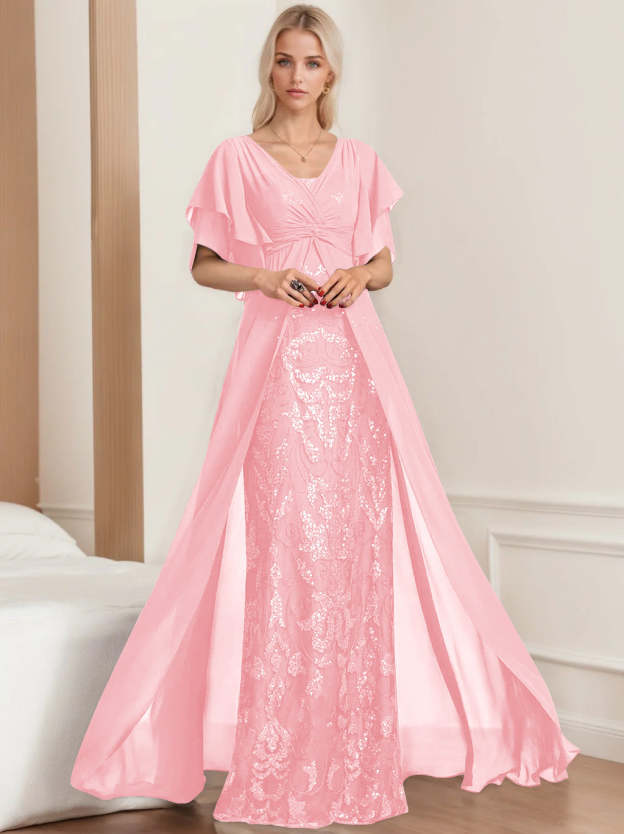 Plus Size Mother of the Bride A-Line Floor-Length Dress with V-Neck and Half Sleeves