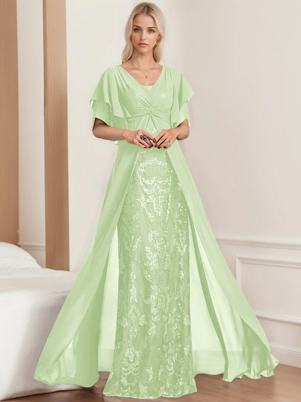 Plus Size Mother of the Bride A-Line Floor-Length Dress with V-Neck and Half Sleeves
