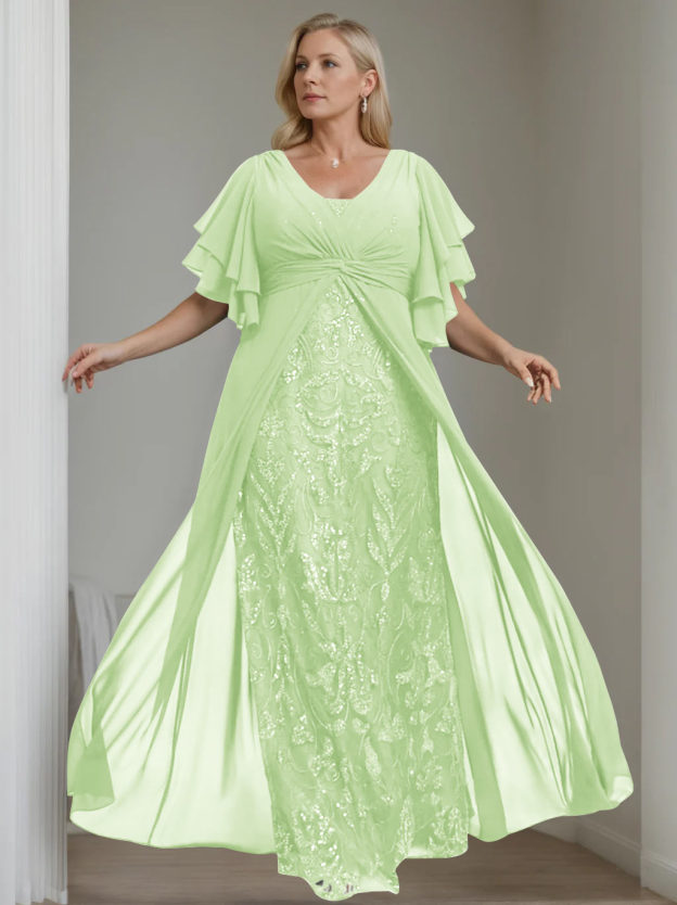 Plus Size Floor-Length Mother of the Bride A-Line Dress with V-Neck and Half Sleeves-27prom