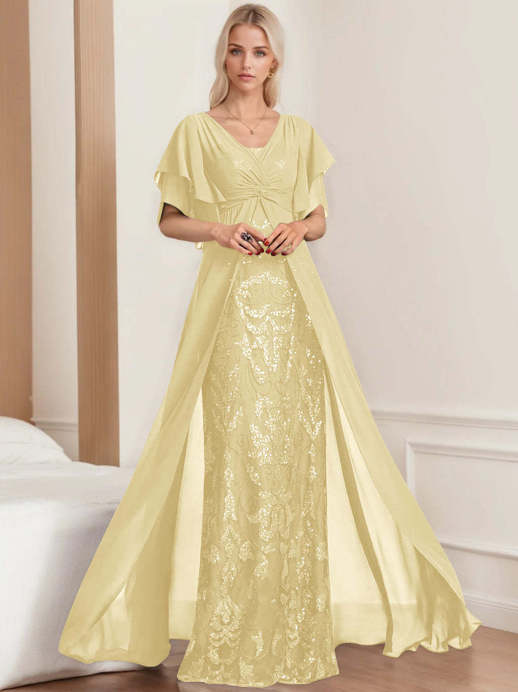 Plus Size Mother of the Bride A-Line Floor-Length Dress with V-Neck and Half Sleeves