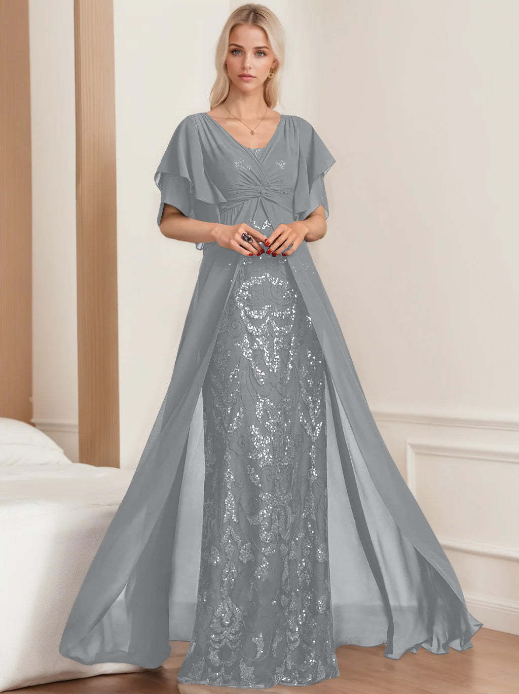 Plus Size Mother of the Bride A-Line Floor-Length Dress with V-Neck and Half Sleeves