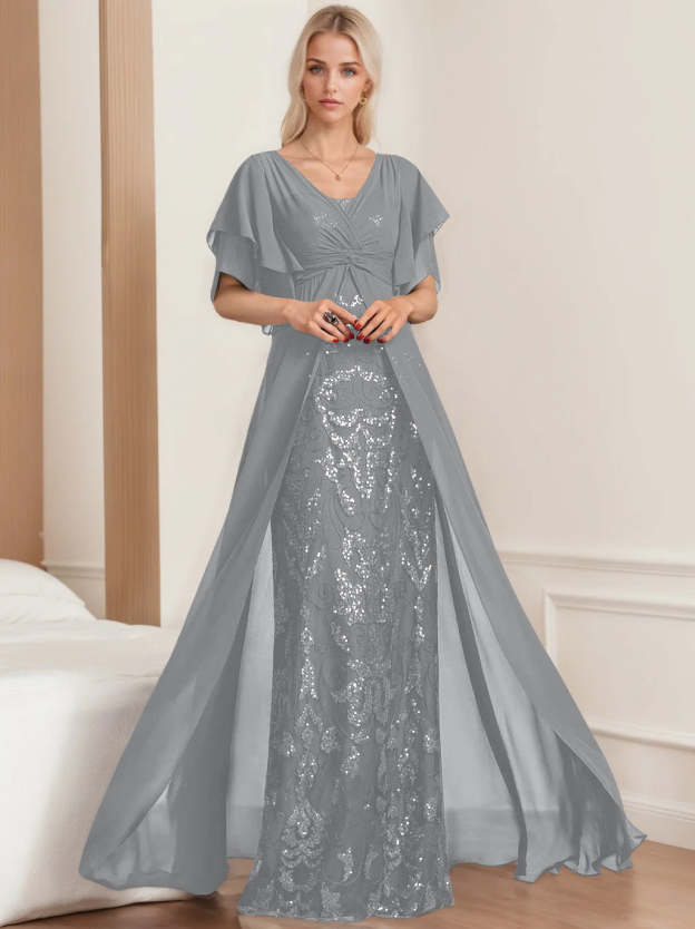 Plus Size Mother of the Bride A-Line Floor-Length Dress with V-Neck and Half Sleeves