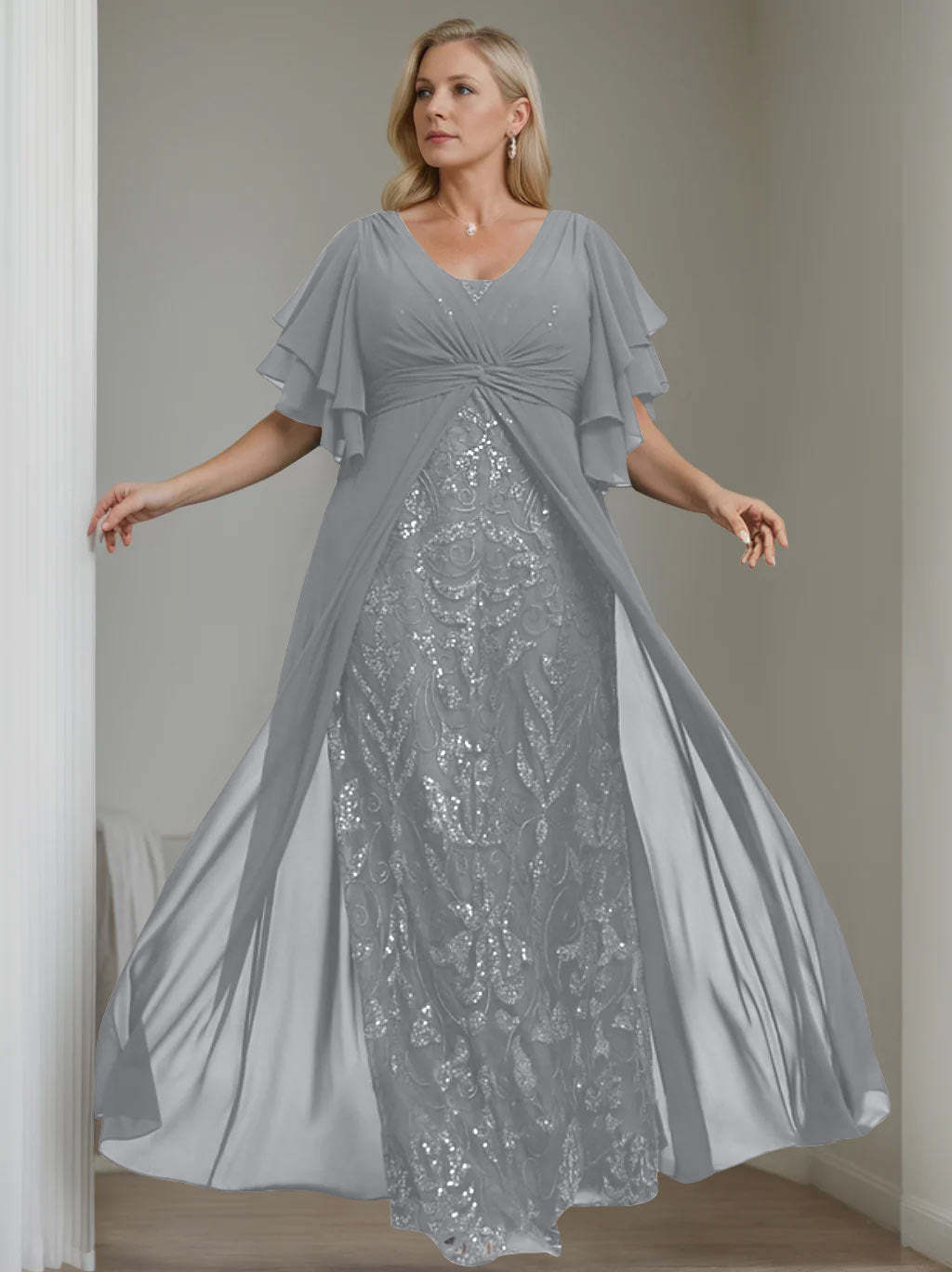 Plus Size Floor-Length Mother of the Bride A-Line Dress with V-Neck and Half Sleeves-27prom