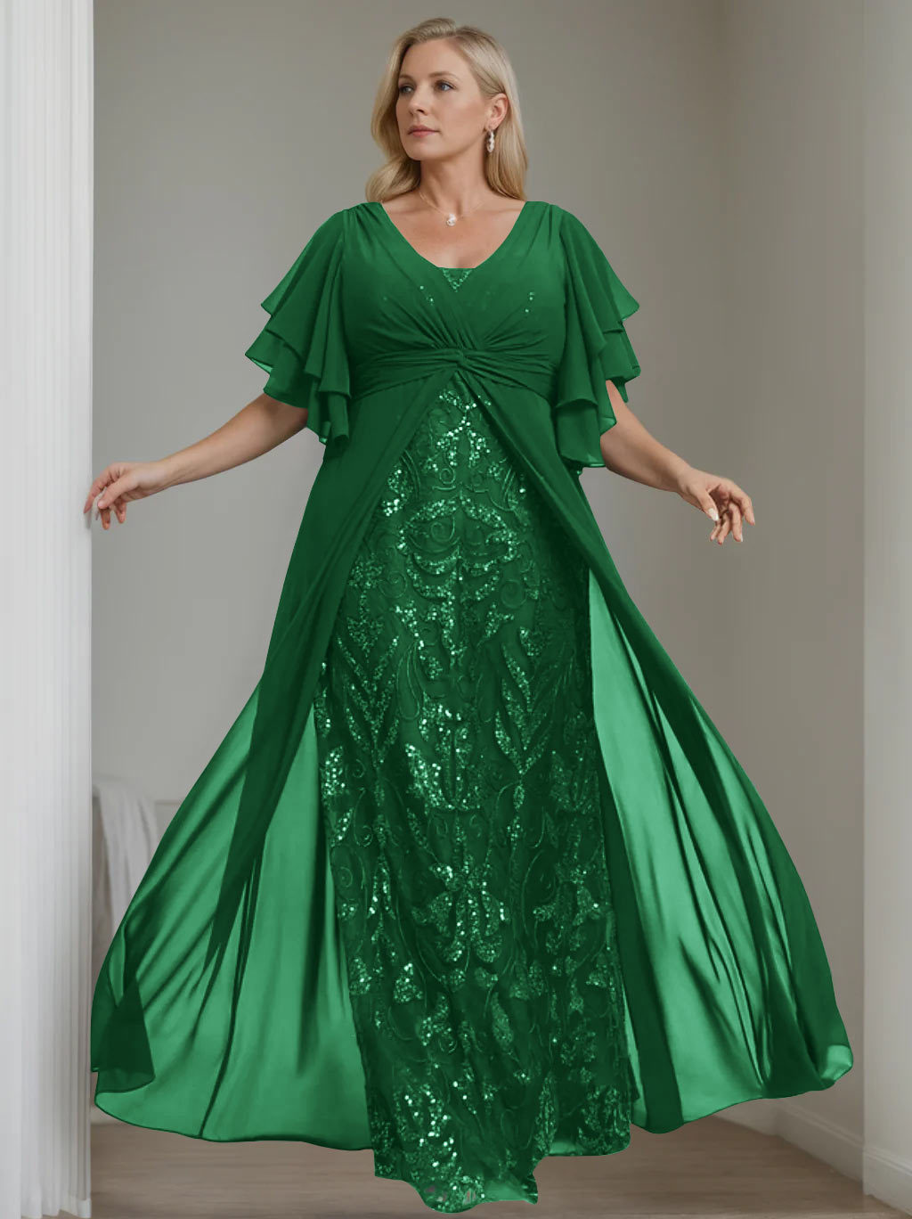 Plus Size Floor-Length Mother of the Bride A-Line Dress with V-Neck and Half Sleeves-27prom