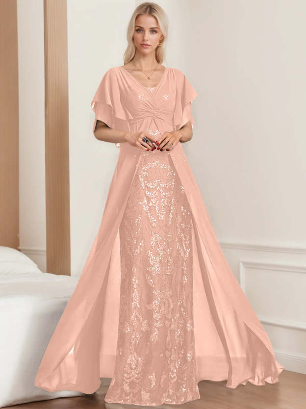 Plus Size Mother of the Bride A-Line Floor-Length Dress with V-Neck and Half Sleeves