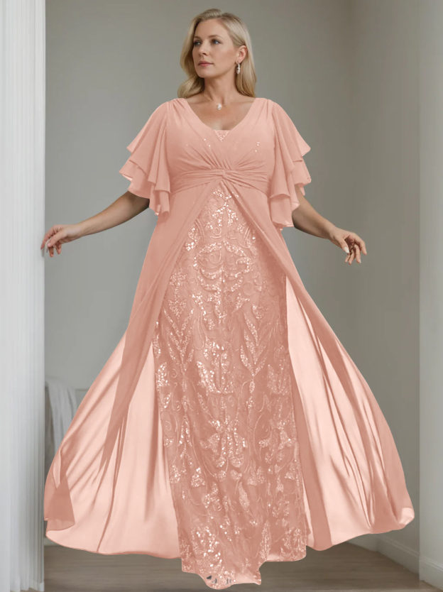 Plus Size Floor-Length Mother of the Bride A-Line Dress with V-Neck and Half Sleeves-27prom