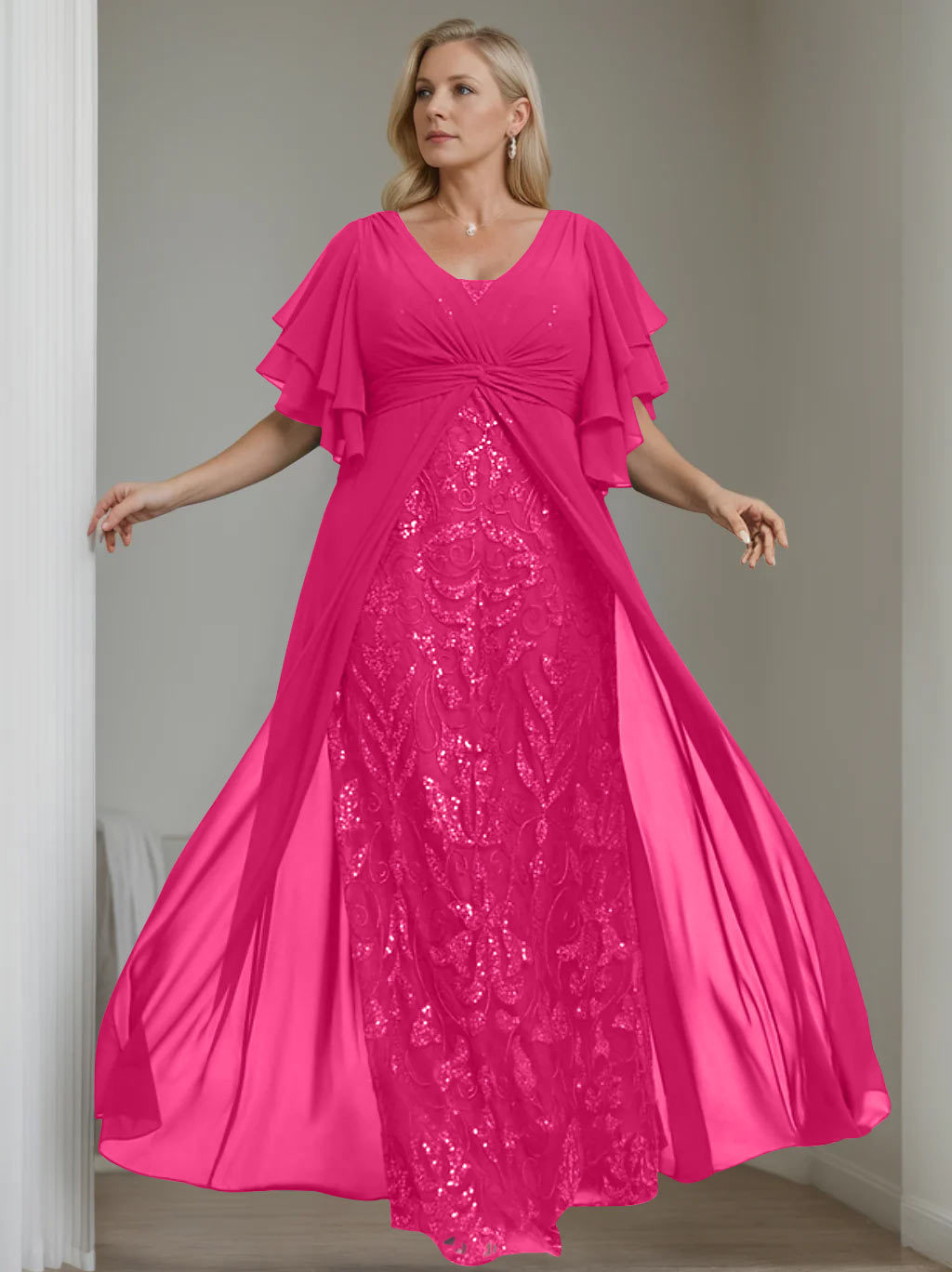 Plus Size Floor-Length Mother of the Bride A-Line Dress with V-Neck and Half Sleeves-27prom