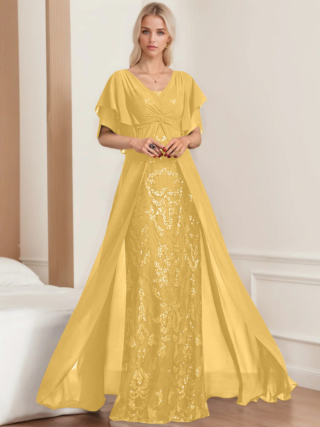 Plus Size Mother of the Bride A-Line Floor-Length Dress with V-Neck and Half Sleeves