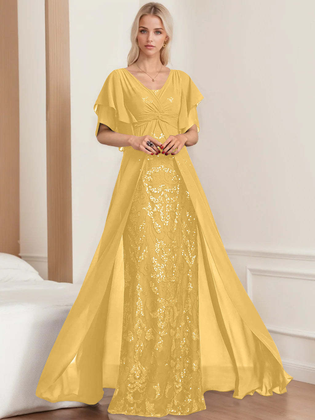 Plus Size Mother of the Bride A-Line Floor-Length Dress with V-Neck and Half Sleeves