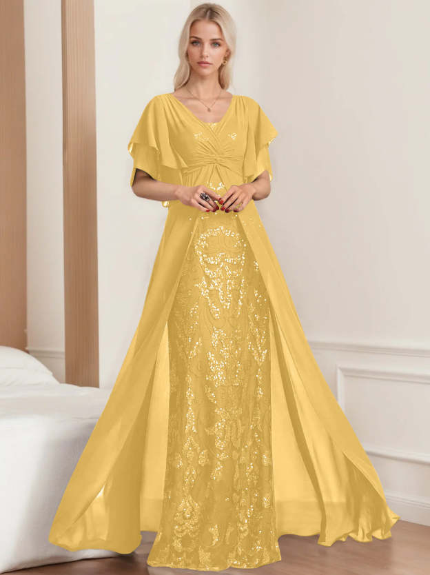 Plus Size Mother of the Bride A-Line Floor-Length Dress with V-Neck and Half Sleeves